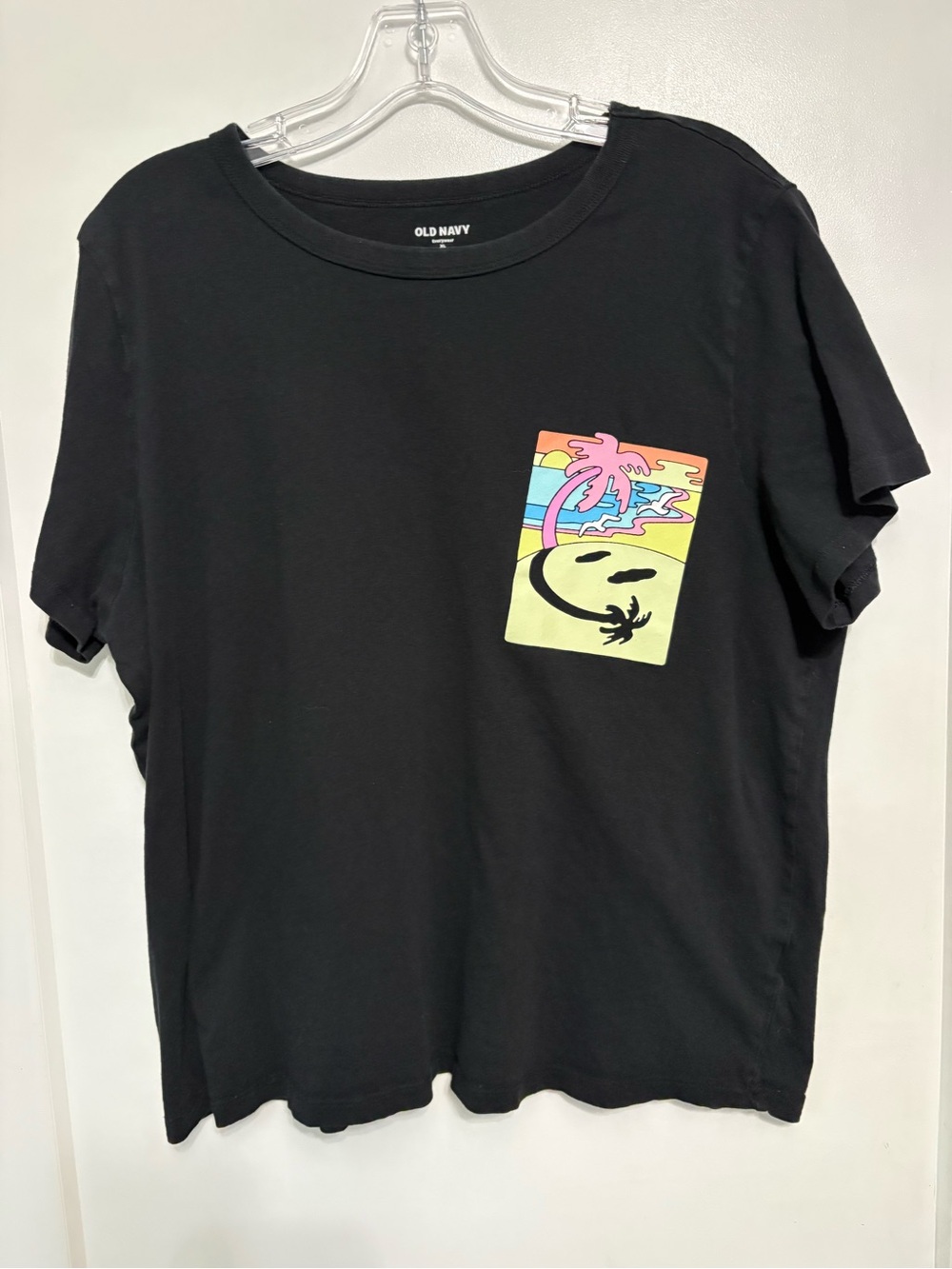 Old Navy Everywear Graphic Tee XL Black Palm Tree Smiley Face Surf Beach T-Shirt